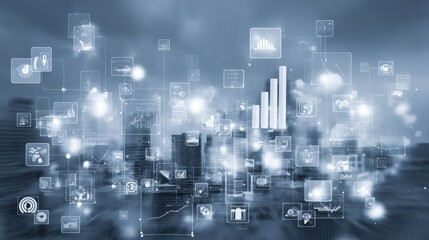 Digital Technology Over City Skyline with Data Icons, Charts, and Graphs Representing Growth, Analysis, and Future Development in Urban Landscape