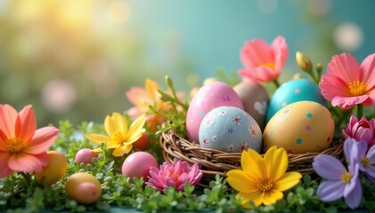 Fototapeta premium Colorful Easter eggs nestled in a spring floral arrangement, radiating happiness , painted eggs, bright, colorful