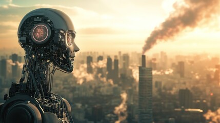 Metallic robot observing smog filled cityscape at sunset