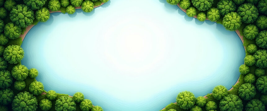 Green forest and river border frame with copy space for World Environment Day ecosystem protection concept as Green forest and river forming a border with central copy area for ecosystem protection on