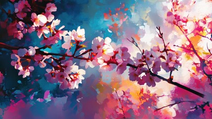 Vibrant cherry blossom painting spring floral artwork colorful nature illustration