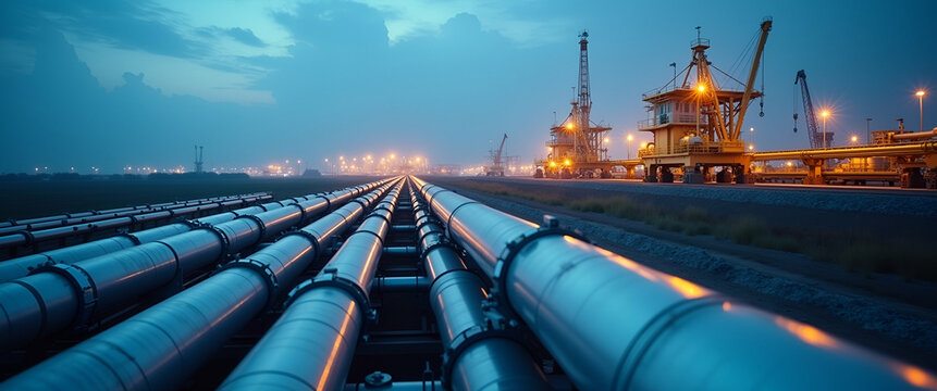 Assess advanced crude oil pipelines networks emphasizing integrated transport systems smart monitoring technologies real time data analytics and stringent regulatory safety frameworks in  Photo Stock 