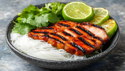 Grilled meat with rice noodles lime and cilantro