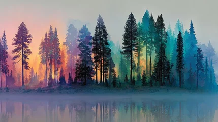 Plexiglas schilderij Mistig bos Colorful Misty Forest Lake Reflection  © LubSabai Studio