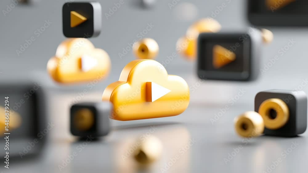 Poster several stylized, three-dimensional icons related to cloud-based media or video services, featuring 