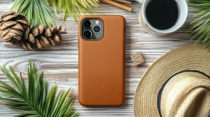 Brown leather phone case on rustic wooden background with coffee and tropical leaves