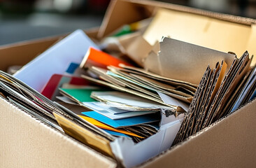 Full cardboard box containing discarded mixed paper and cardboard items