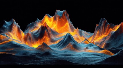 Fiery, surreal landscape; glowing peaks against dark backdrop