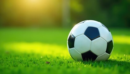 Naklejka premium Soccer ball resting on a lush green soccer field, ready for kickoff , outdoor, soccer, pitch