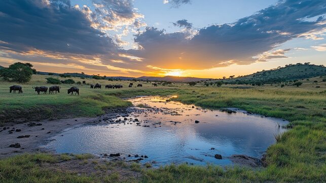 Wildebeest at sunset in african savanna tranquil wildlife scene - Powered by Adobe