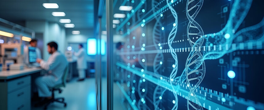 State-of-the-Art Genetic Research Facility Showcasing CRISPR Gene Therapy Breakthroughs, Cutting-Edge Gene Editing Platforms, and Precise Molecular Diagnostics - Photo Stock Concept with Empty Space