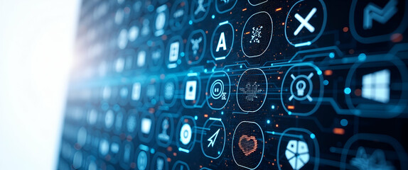 Futuristic Icon Patterns: Luminous Grids & Minimalist Shapes for Bold Workplace Decor - Amplify Your Brand Presence with Next-Gen Flair in Photo Stock