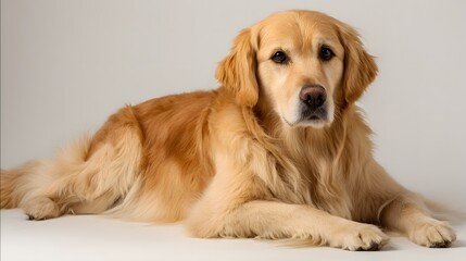 Adorable golden retriever dog sitting calmly isolated on white background with soft fur texture under gentle studio lighting, captured in minimal clean composition for pet and animal concepts