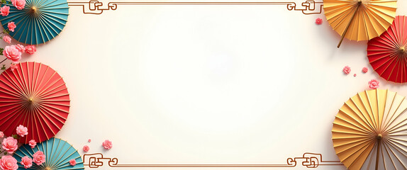 Colorful Korean Traditional Umbrellas with Dynamic Taegeuk Border Frame: Festive Copy Space for Independence Day Messages in Photo Stock Concept