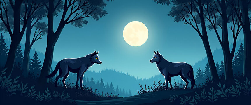 Wolf and Moonlit Forest Border Frame with Copy Space for World Wildlife Day - Illustrations of Nocturnal Wildlife in a Photo Stock Concept