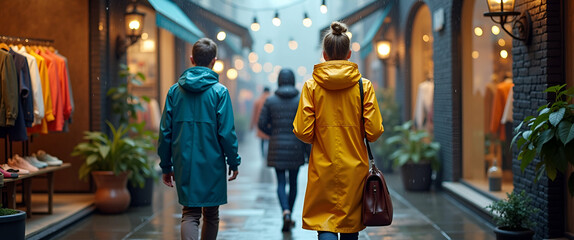 Photo realistic as People with Raincoats and Boutiques concept as Travelers in raincoats exploring boutiques during a rain shower set against a whimsical background offering ample space for text or gr