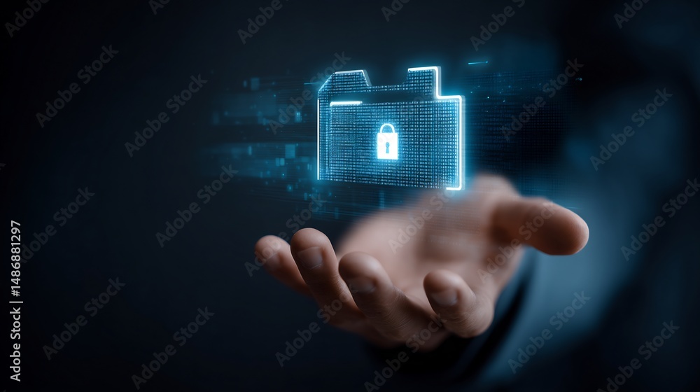 Poster hand presents a glowing data folder with a padlock to represent protection