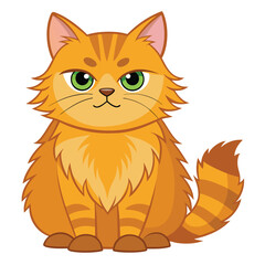 A fluffy golden tabby cat with a flat face and grumpy expression is sitting upright with white background.
