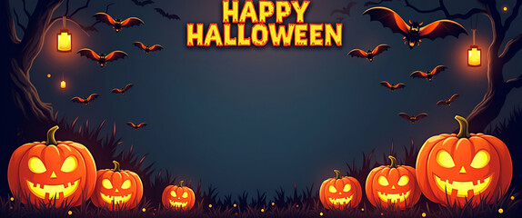 Photo Realistic Jack o Lantern and Bat Border with Happy Halloween Wording - Perfect for Spooky Invitations and Announcements in Festive Stock Design