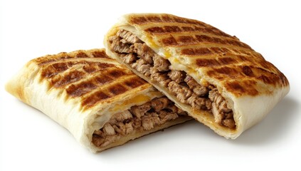 Grilled chicken and cheese quesadilla, halved, showing melted cheese and grilled tortilla