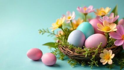 Obraz premium Vibrant pastel eggs nestled in a spring flower arrangement , candy, festive, Easter colors