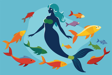 Silhouette of a Graceful Selkie Swimming Amidst a Vibrant Shoal of Fish