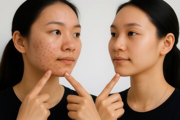 A woman points to the acne on her face, looking concerned, while the other side of her face shows clear, healthy skin, highlighting the effects of acne treatment.