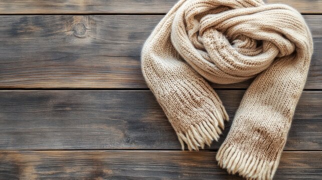Beige knitted scarf on rustic wooden background cozy winter fashion accessory soft texture autumn fall lifestyle photography - Powered by Adobe