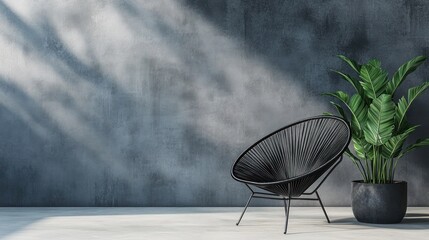 Modern minimalist chair and plant in sunlit room gray textured wall