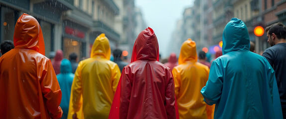 Photo realistic as People with Rain Ponchos and Street Performers concept as A group of people in rain ponchos watching street performers in the rain set against a whimsical background offering ample 