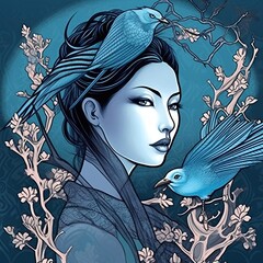 A woman with striking blue eyes and black hair wears a traditional Japanese garment amidst a twilight sky with silhouetted branches and flowers, exuding serenity.