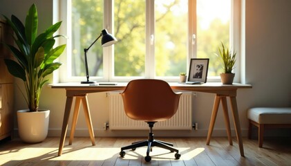 Empty chair at desk facing window, sunlit room, thought, work, private