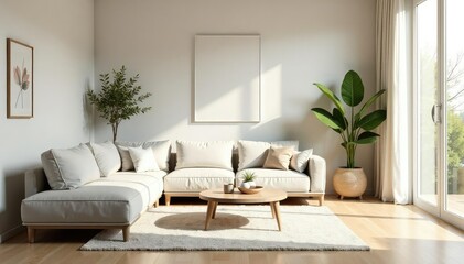 Serene minimalist living room with simple furniture and natural light Neutral tones, clean lines , minimalist home, grey, decor