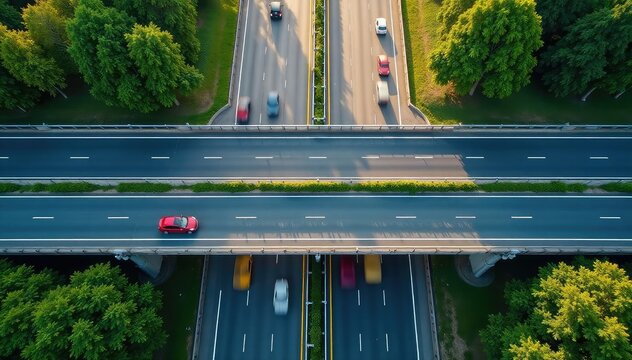 Overhead shot of a multi-lane highway with traffic flowing smoothly, showcasing road markings and signage , movement, driving, road