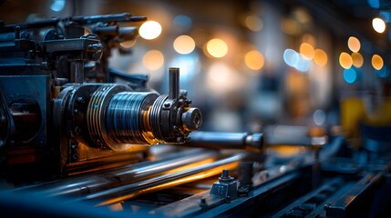Industrial printing press running in warm-lit factory environment, showcasing detailed mechanical components and large machinery structure with soft bokeh background and clean manufacturing layout