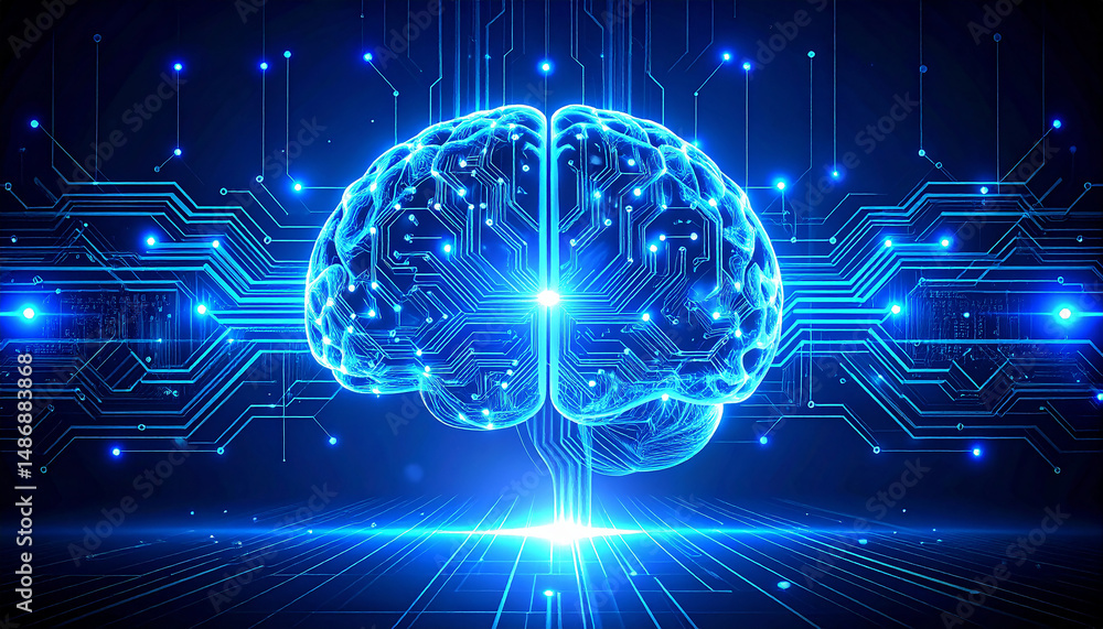 Poster artificial intelligence brain: abstract representation of artificial intelligence, featuring a glowi