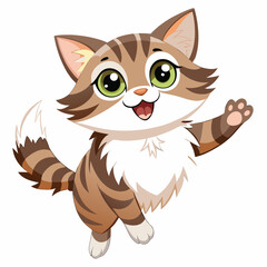 A fluffy, tabby and white cat with wide eyes and an open mouth is leaping upwards with outstretched paws with white background.