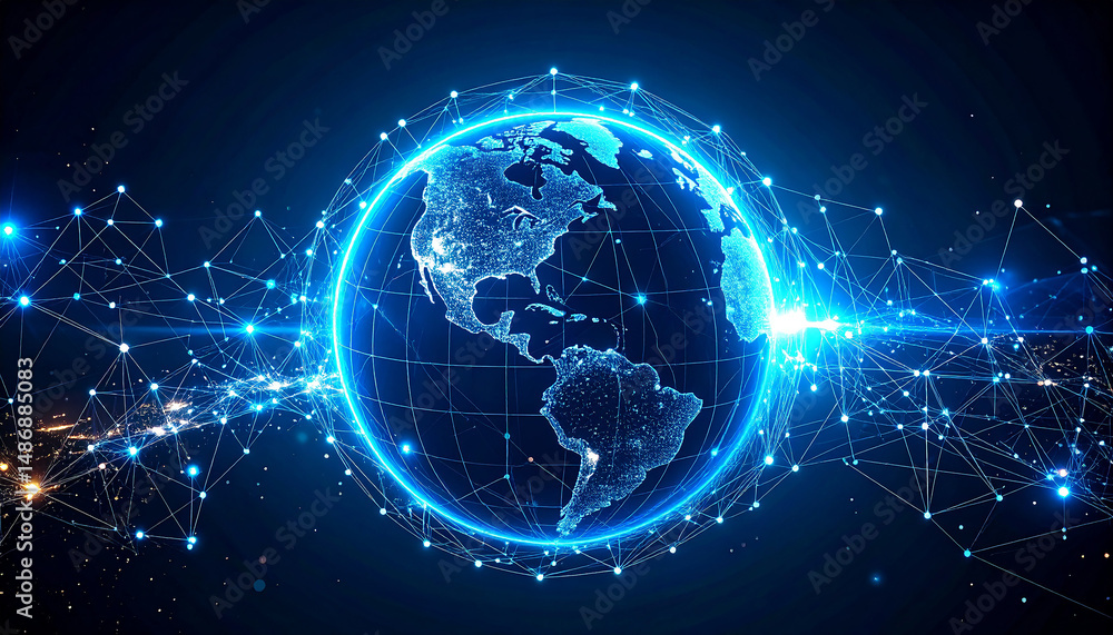 Poster digital earth: a captivating view of earth is enveloped by a luminous network, representing the digi