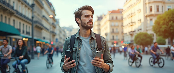 Photo realistic image of a city-based digital nomad with a notebook, city bike, and smartphone, symbolizing urban lifestyle and flexibility, with copy space.