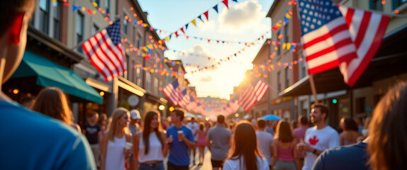 Naklejka premium Vibrant Fourth of July Celebrations: Capturing Dynamic Street Festivities with Colorful Decorations and Joyful Events - Perfect for Stock Photos with Space for Text