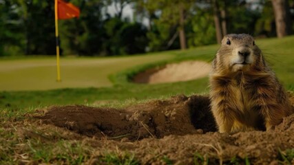 gopher poking out of hole on golf course for sports comedy or nature humor concepts
