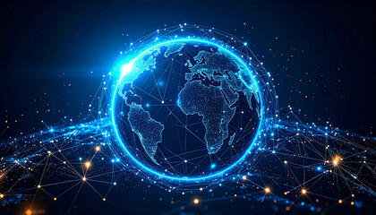 Global Network: A breathtaking digital depiction of the globe interconnected with a complex web of illuminated networks.
