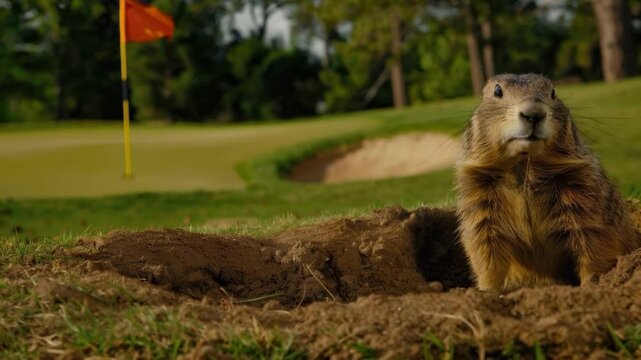 gopher poking out of hole on golf course for sports comedy or nature humor concepts
