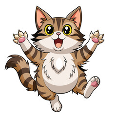A fluffy, tabby and white cat with wide eyes and an open mouth is leaping upwards with outstretched paws with white background.