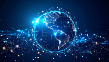 Obraz premium Global Network: A vibrant depiction of a globe enveloped in a web of interconnected nodes, symbolizing the digital age and global connectivity, representing information flow.