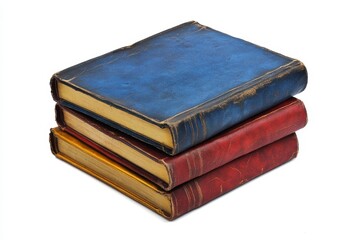 Stack of antique books with worn leather covers in blue, red, and gold