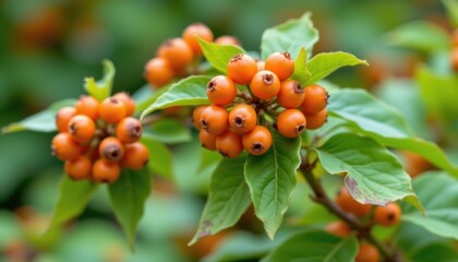 Obraz premium Harvesting orange berries in nature's lush garden close-up view of bountiful foliage and fruits