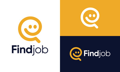 Find job logo design. Abstract smile people vector design with magnifying glass graphic icon symbol