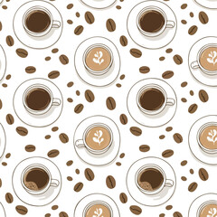 A delightful repeat pattern shows coffee cups on saucers and coffee beans on a white background.