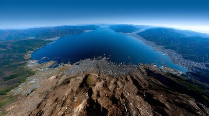 A scenic view of a city and lake capturing the aftermath of the 2011 tohoku earthquake